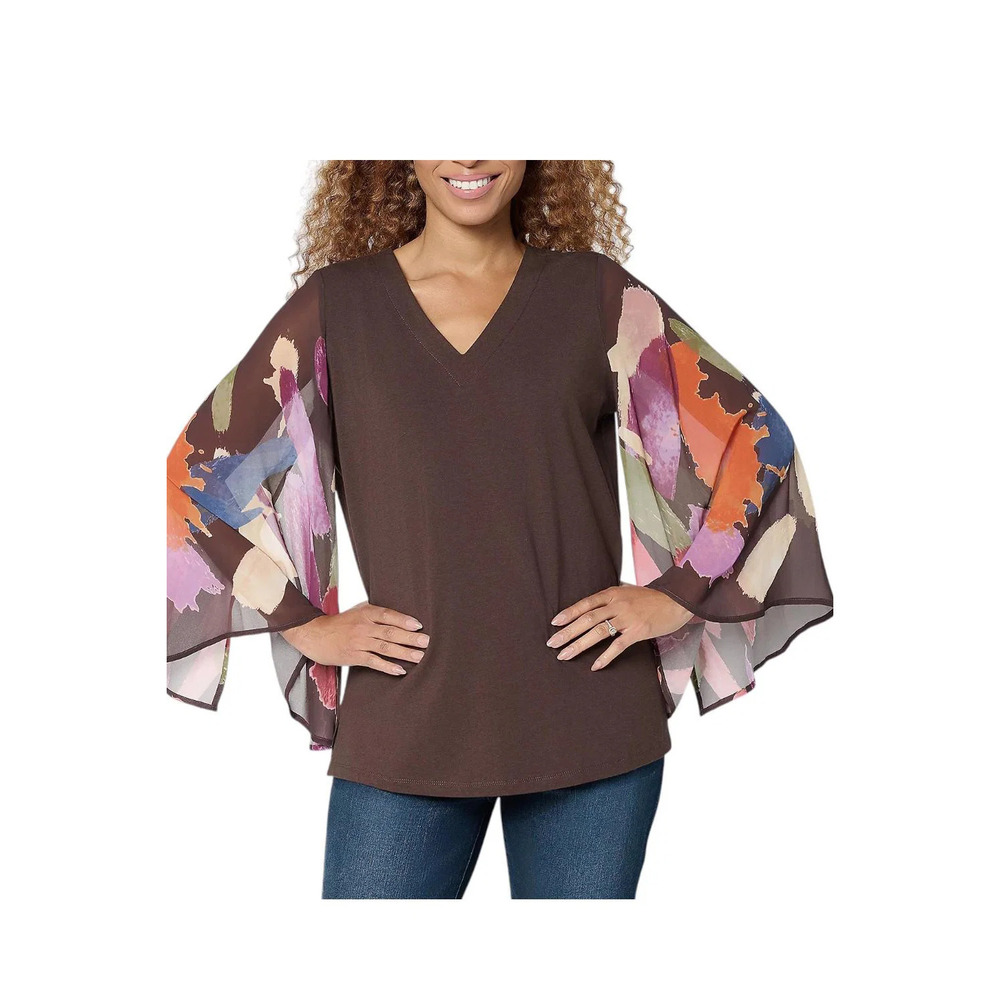 Brandis Women's Autumn Abstract Breezey Slv V-Neck Top Java - Regular